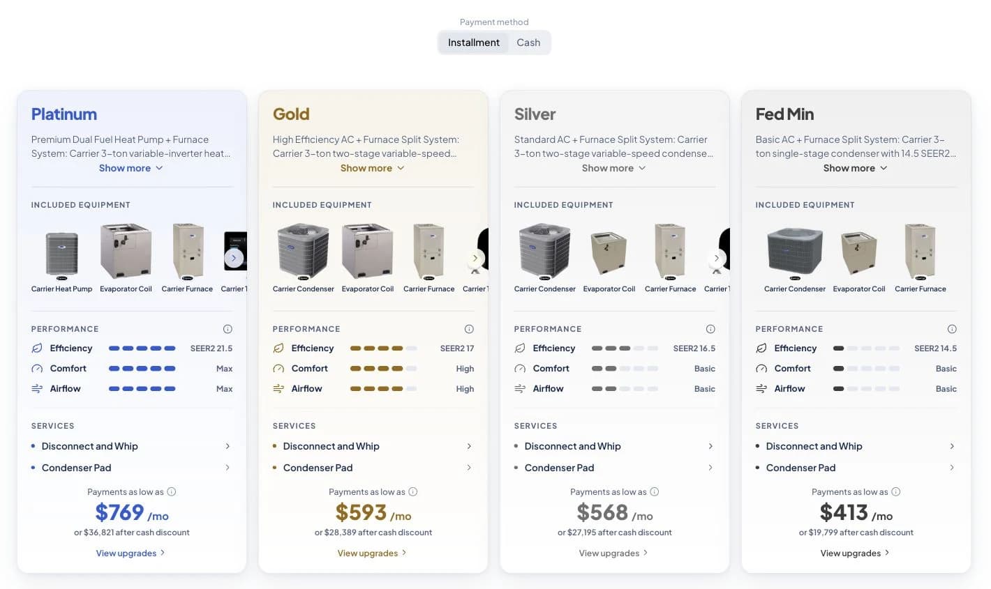 The new Checkout Studio comparison, with clearly separated equipment, performance, services, pricing, and View upgrades for each system option.