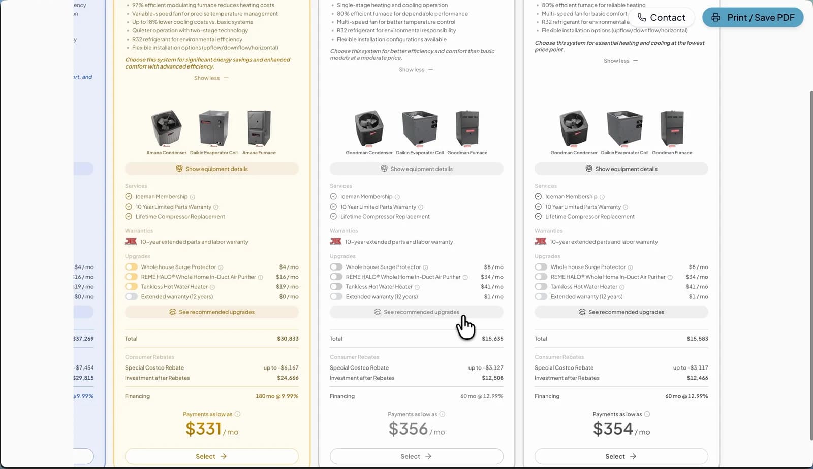 The old SetSale checkout, with equipment, services, warranty details, upgrade toggles, and pricing inside each system card.
