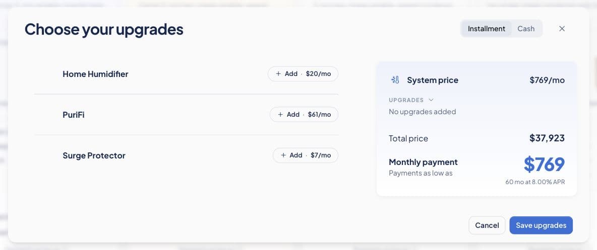 Current Checkout Studio showing optional upgrades beside the total price and monthly payment terms.