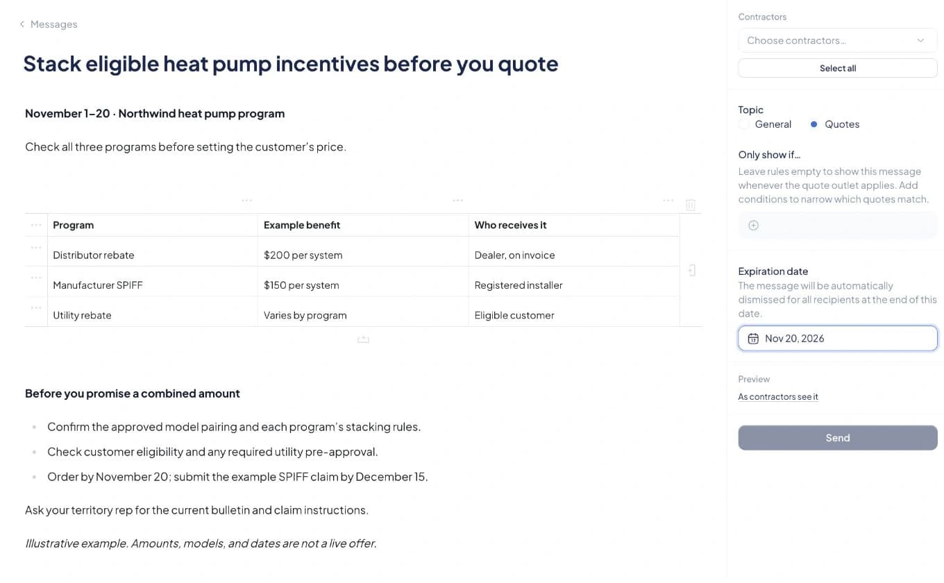 A sample heat pump incentive message in SetSale, with the Quotes topic selected and a matching November 20 expiration date.