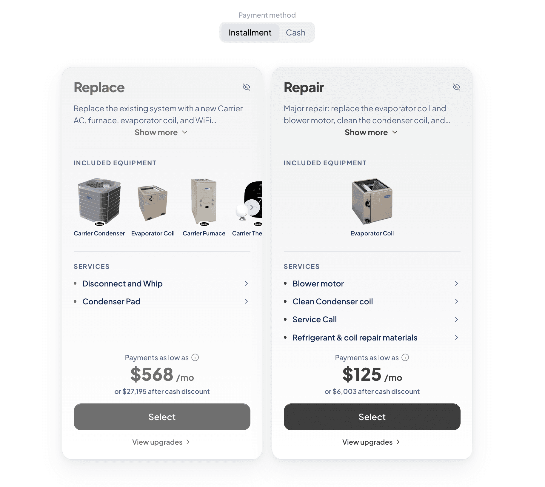Current Checkout Studio comparing full system replacement with a major repair including an evaporator coil, blower-motor work, cleaning, and repair materials.