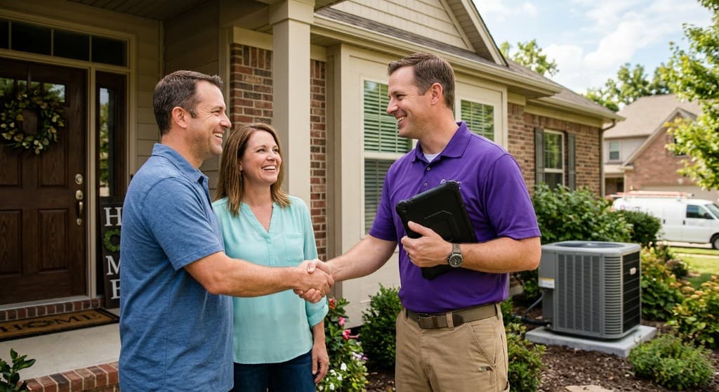 HVAC technician shaking hands with homeowners