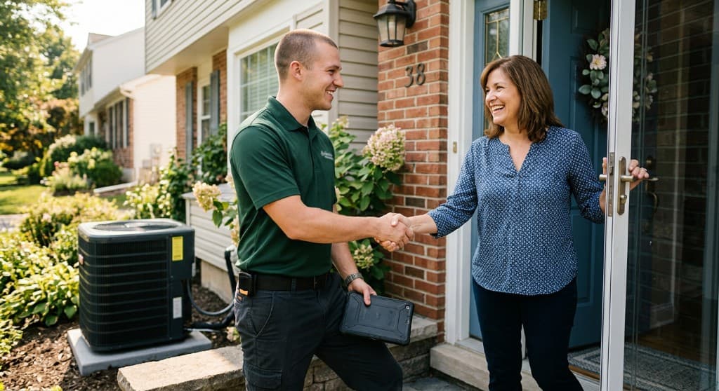 HVAC technician greeting a homeowner after a service visit