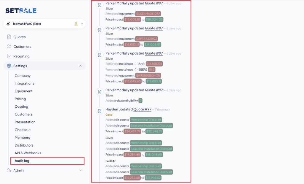 Audit log in SetSale Settings showing quote change history
